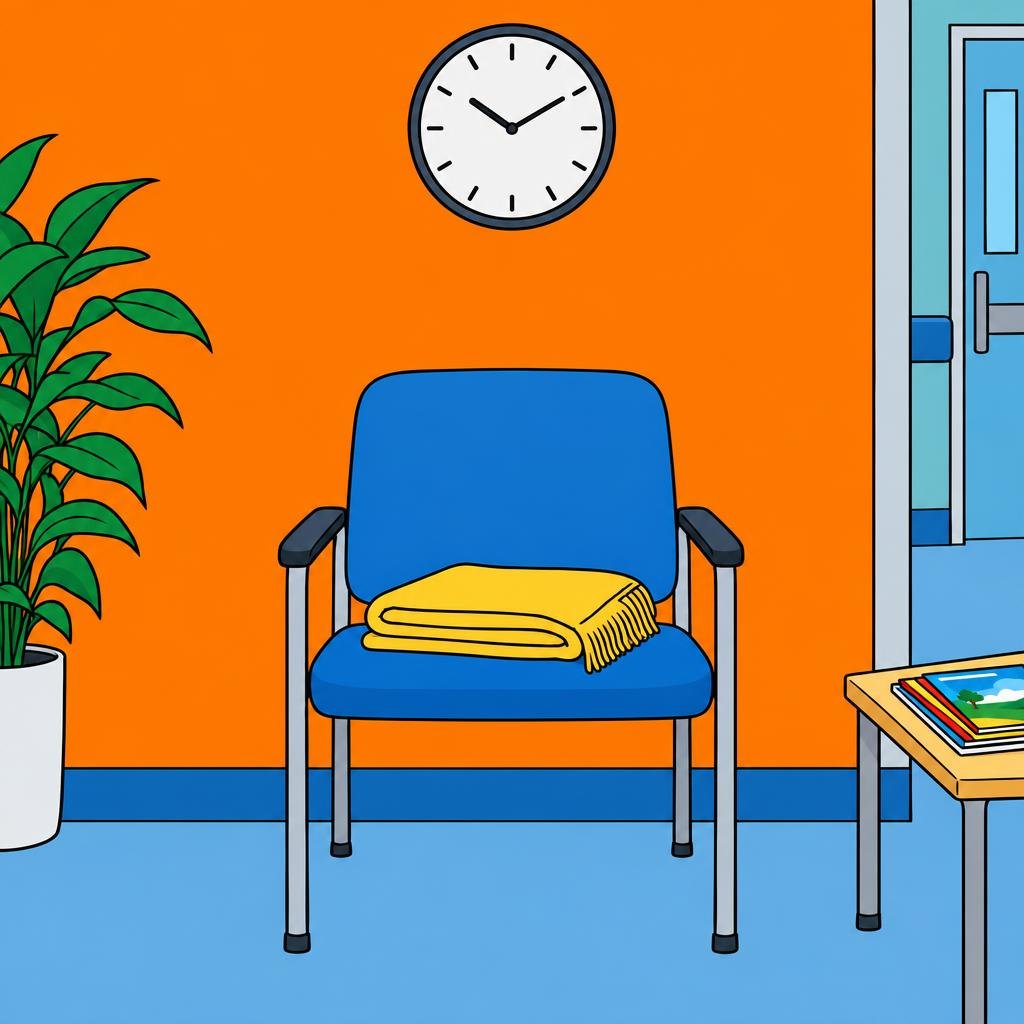 Ilustración: Una silla vacía en una sala de espera de hospital, bajo un reloj de pared redondo, con una manta doblada sobre el asiento.