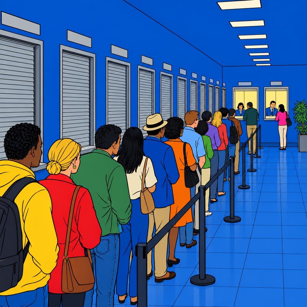 Ilustración: Un largo pasillo de ventanillas consulares con las persianas cerradas, salvo dos al fondo, y una fila larga de personas que avanza hacia ellas.