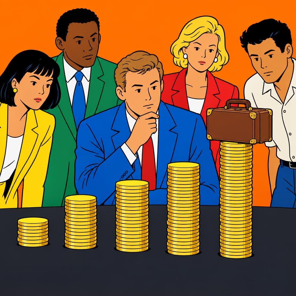 Ilustración: Varias pilas de monedas alineadas sobre una mesa oscura, con una maleta pequeña apoyada encima de la pila más alta.