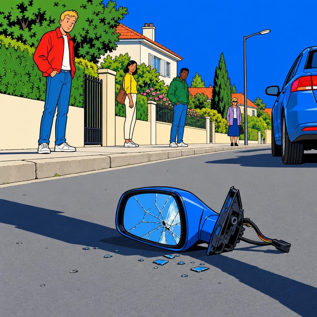 Ilustración: Un espejo lateral de auto roto sobre una calle residencial soleada, con una sombra larga que se extiende por el pavimento.