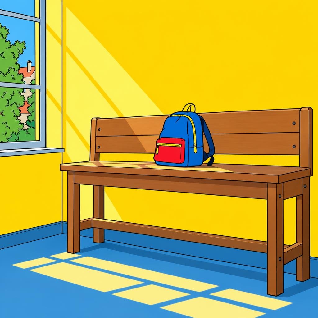 Ilustración: Una mochila pequeña de niño sobre una banca de madera alta en una sala vacía, con un haz de luz que cae encima.