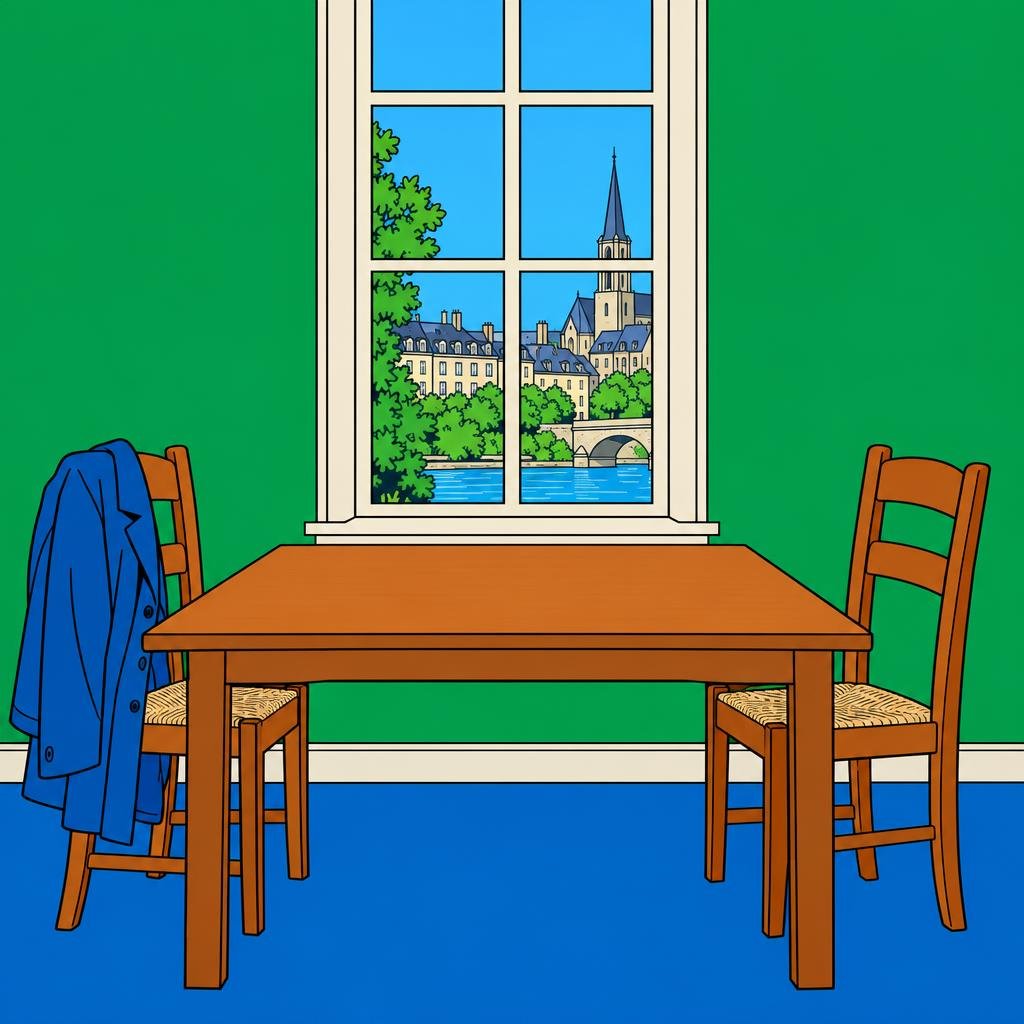 Ilustración: Dos sillas frente a una mesa ancha de madera: sobre una hay un abrigo doblado y la otra está vacía, junto a una ventana alta.