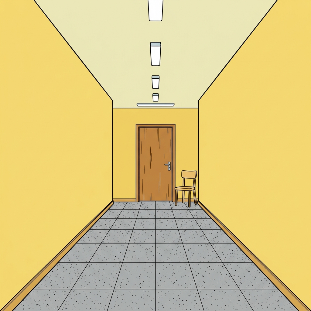 Ilustración: Una puerta cerrada y sin señas al final de un pasillo largo y vacío, con una sola silla de madera a su lado.