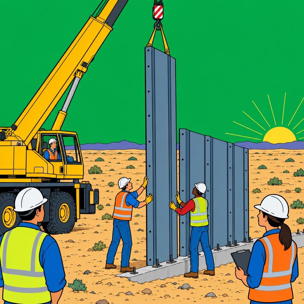 Ilustración: Una grúa levanta un panel de acero alto contra el horizonte vacío del desierto al amanecer.