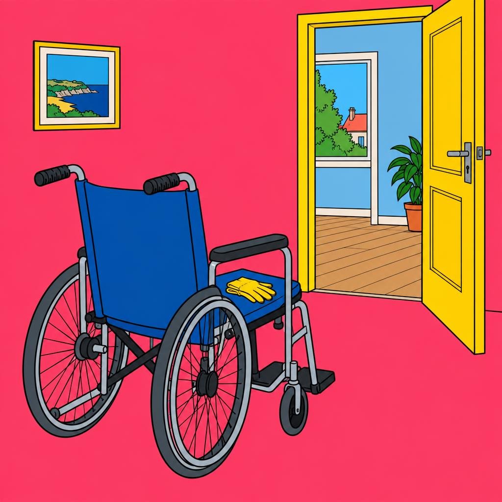 Ilustración: Una silla de ruedas vacía frente a una puerta abierta, con un par de guantes doblados sobre el asiento.