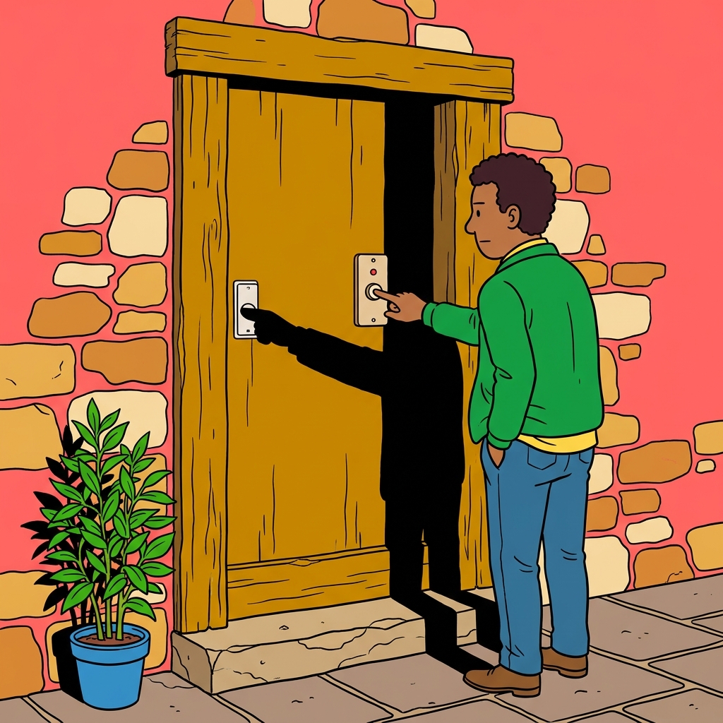 Ilustración: Un timbre en el marco gastado de una puerta de madera, con la sombra alargada de un visitante cruzando la madera.