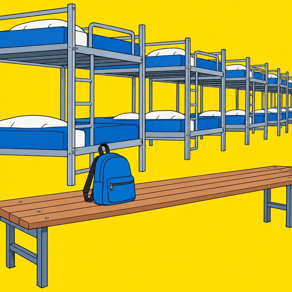 Ilustración: Una mochila pequeña sobre una banca larga y vacía, con una fila de camas metálicas iguales al fondo.