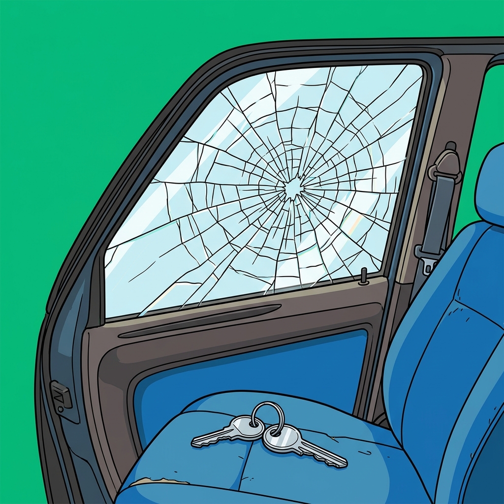 Ilustración: Una ventana de carro con una grieta en forma de telaraña por donde entra la luz, y unas llaves sobre el asiento.