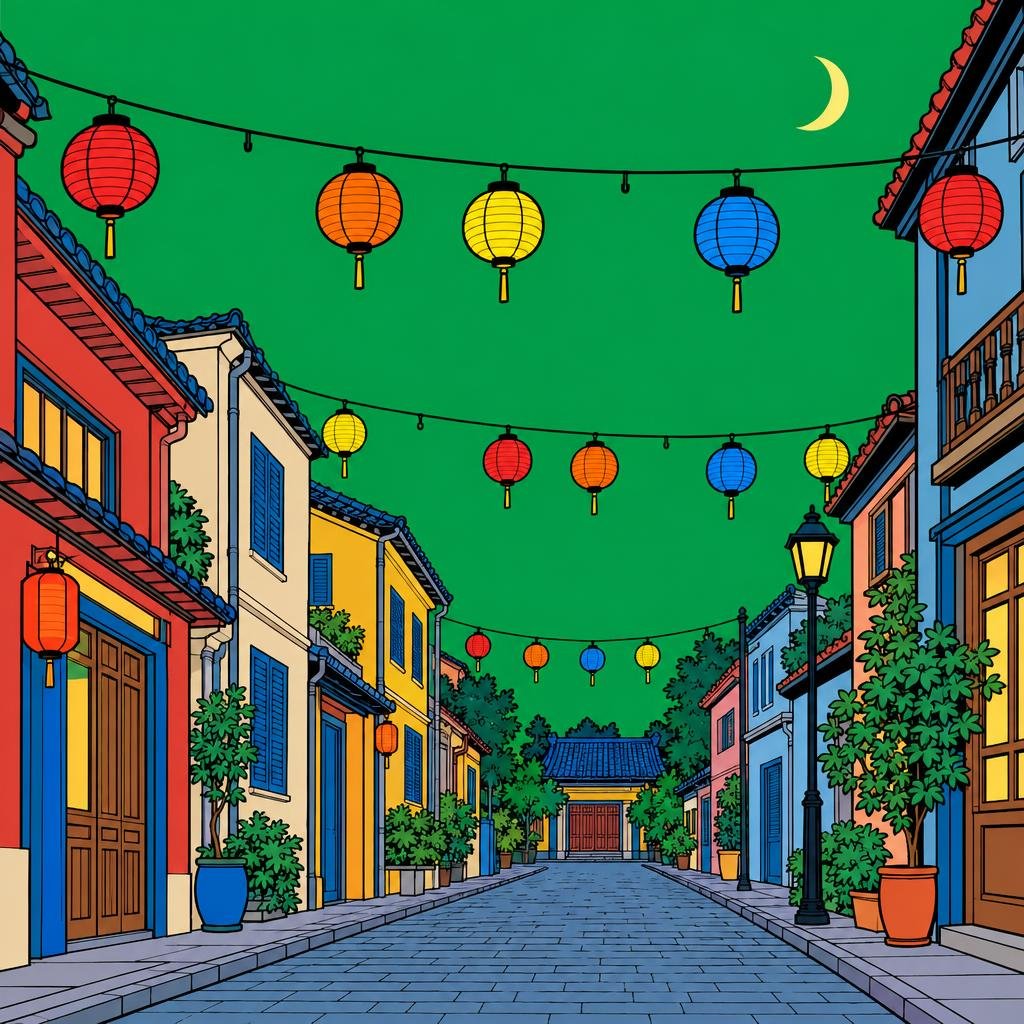 Ilustración: Una fila de faroles de papel colgada sobre una calle vacía de noche, con varios faroles faltantes que dejan huecos en la línea.