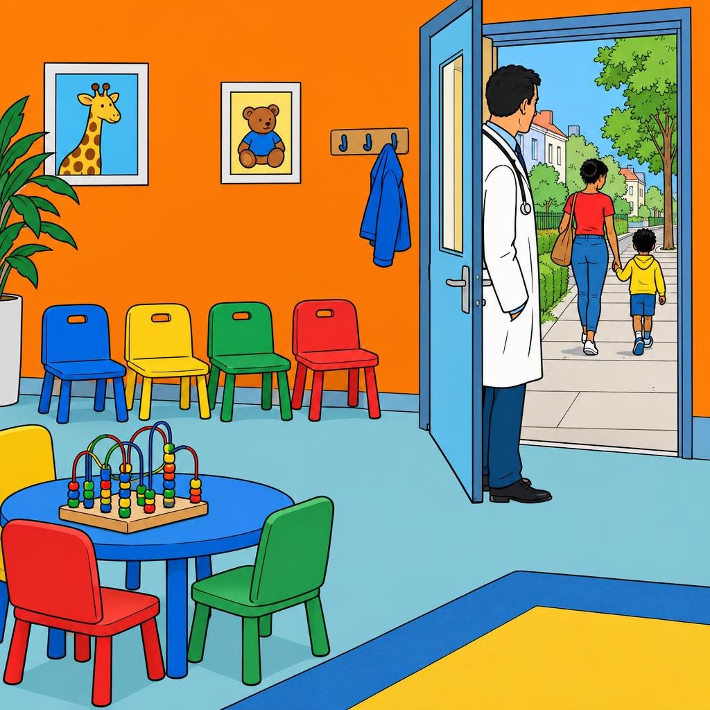 Ilustración: Una sala de espera de pediatría vacía, con sillitas de colores y un juguete de cuentas; desde la puerta, un médico ve alejarse por la acera a una madre con su hijo.