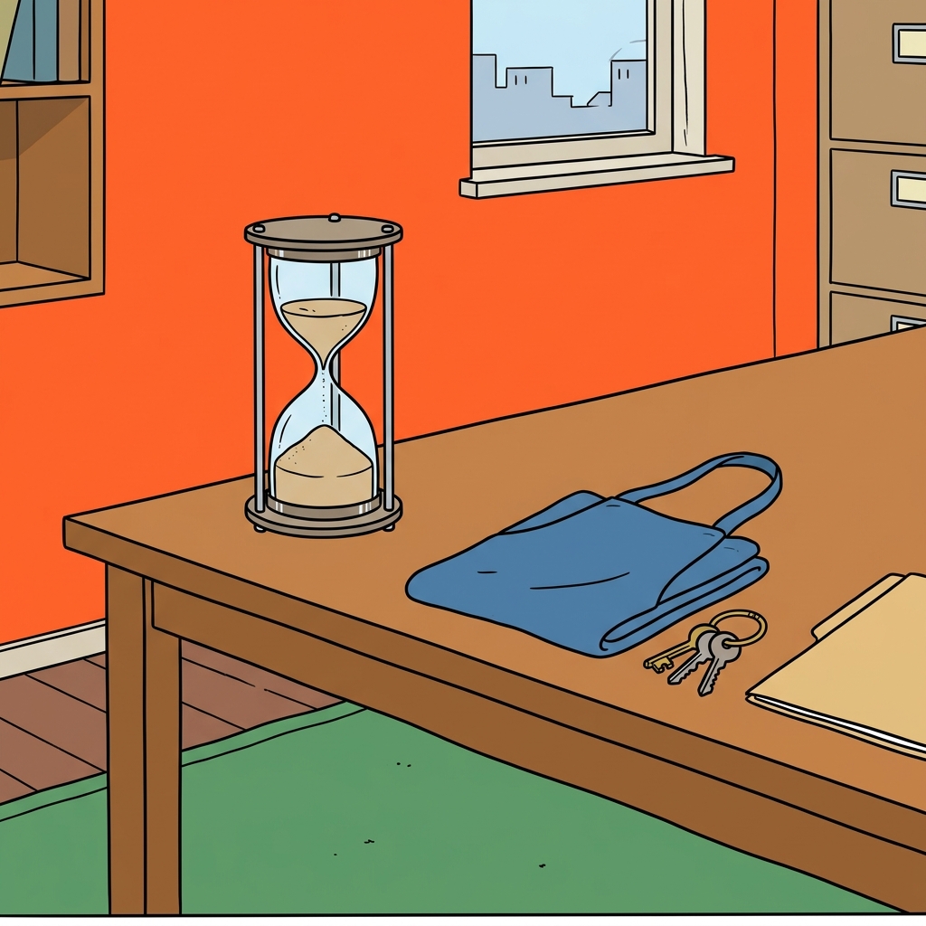 Ilustración: Un reloj de arena sobre un escritorio de oficina vacío, junto a un delantal doblado y un juego de llaves, con la arena casi agotada.