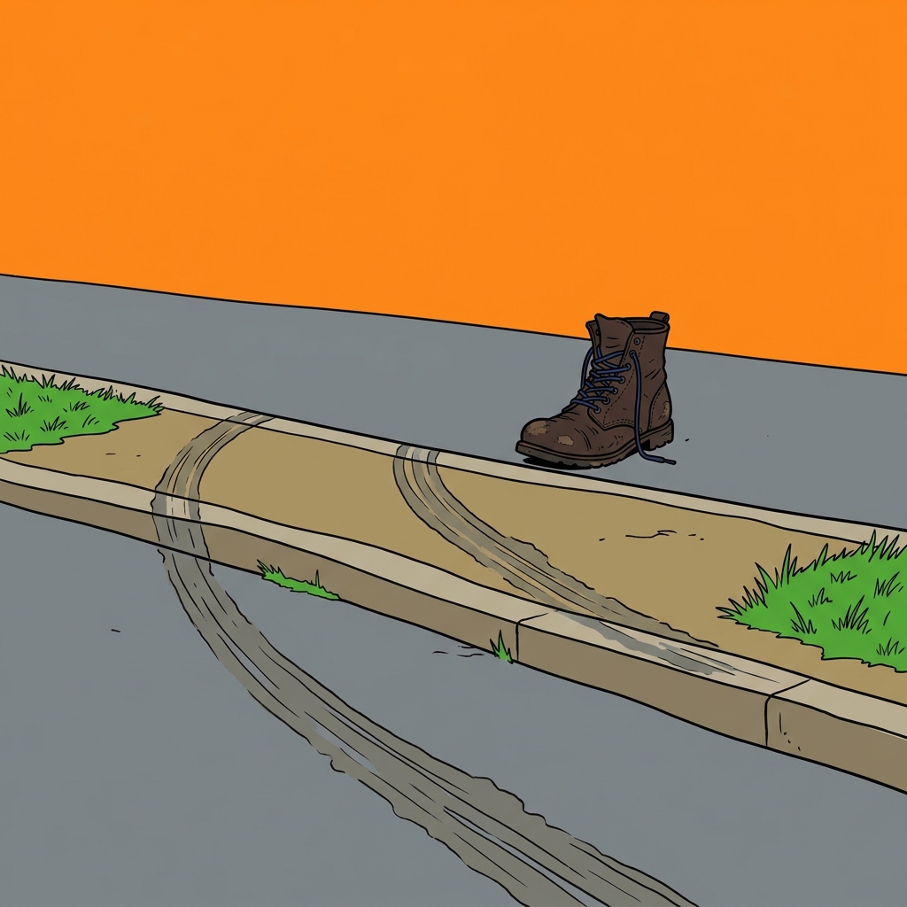 Ilustración: Una bota de trabajo gastada, sola en una carretera vacía, junto a huellas de llantas que cruzan un camellón.