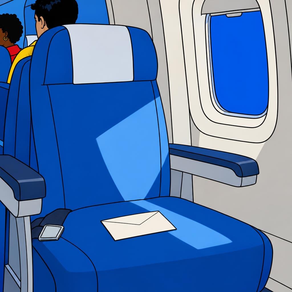 Ilustración: Un sobre cerrado sobre un asiento vacío de avión, junto a una ventanilla, con luz suave cayendo encima.