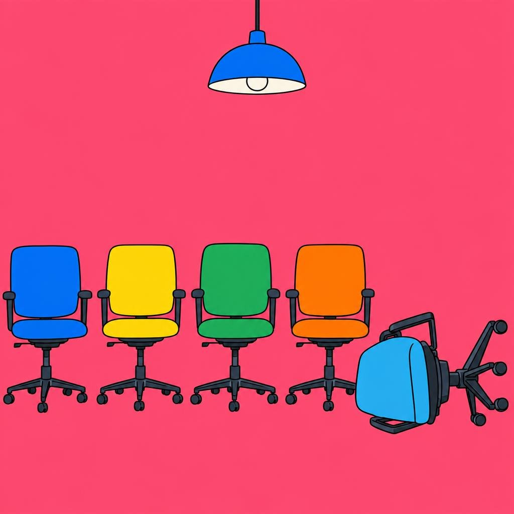 Ilustración: Una fila de sillas de oficina vacías junto a una silla volcada de lado, bajo una lámpara colgante.