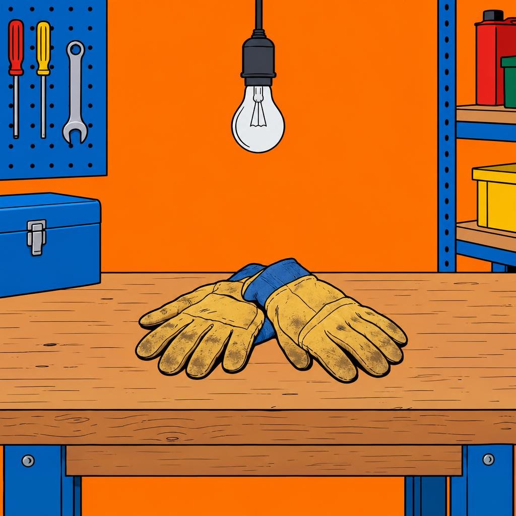 Ilustración: Un par de guantes de trabajo gastados sobre un banco de taller vacío, debajo de un foco colgante apagado.