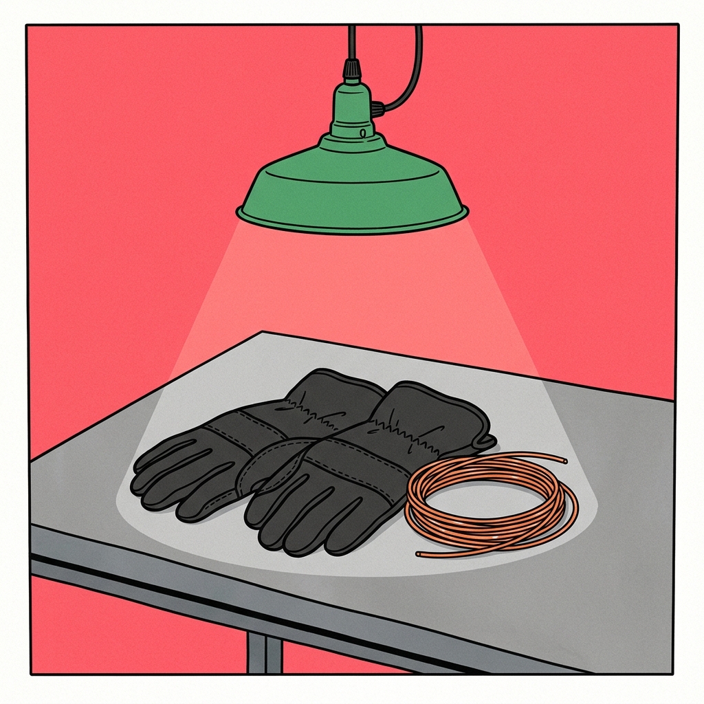 Ilustración: Un par de guantes negros gruesos sobre una mesa de metal desnuda, bajo una lámpara colgante, con alambres de cobre enrollados al lado.