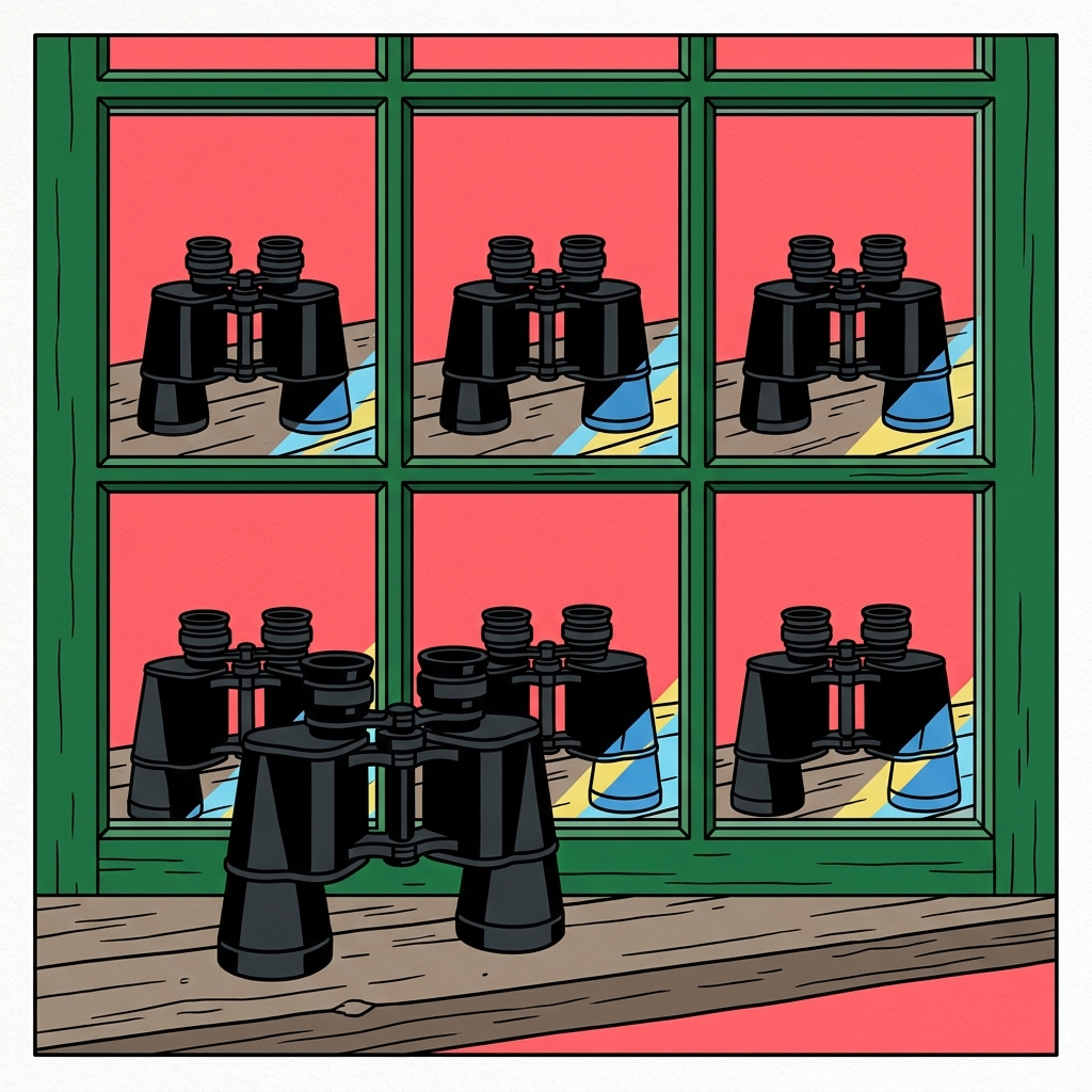 Ilustración: Unos binoculares sobre el marco de una ventana, con su reflejo repetido en una rejilla de pequeños vidrios.