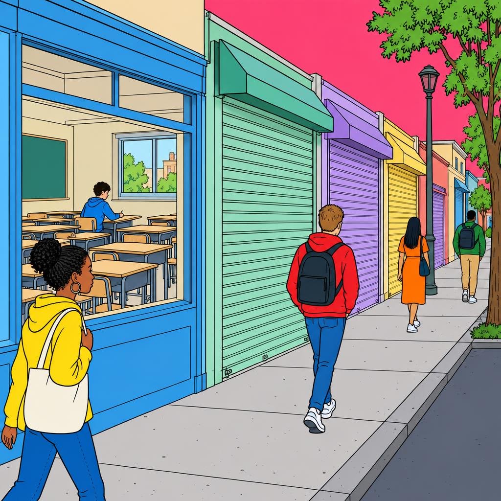 Ilustración: Una calle de tiendas pequeñas con las cortinas metálicas de colores bajadas; por una ventana se ve un salón de clases con pupitres vacíos y una sola estudiante.