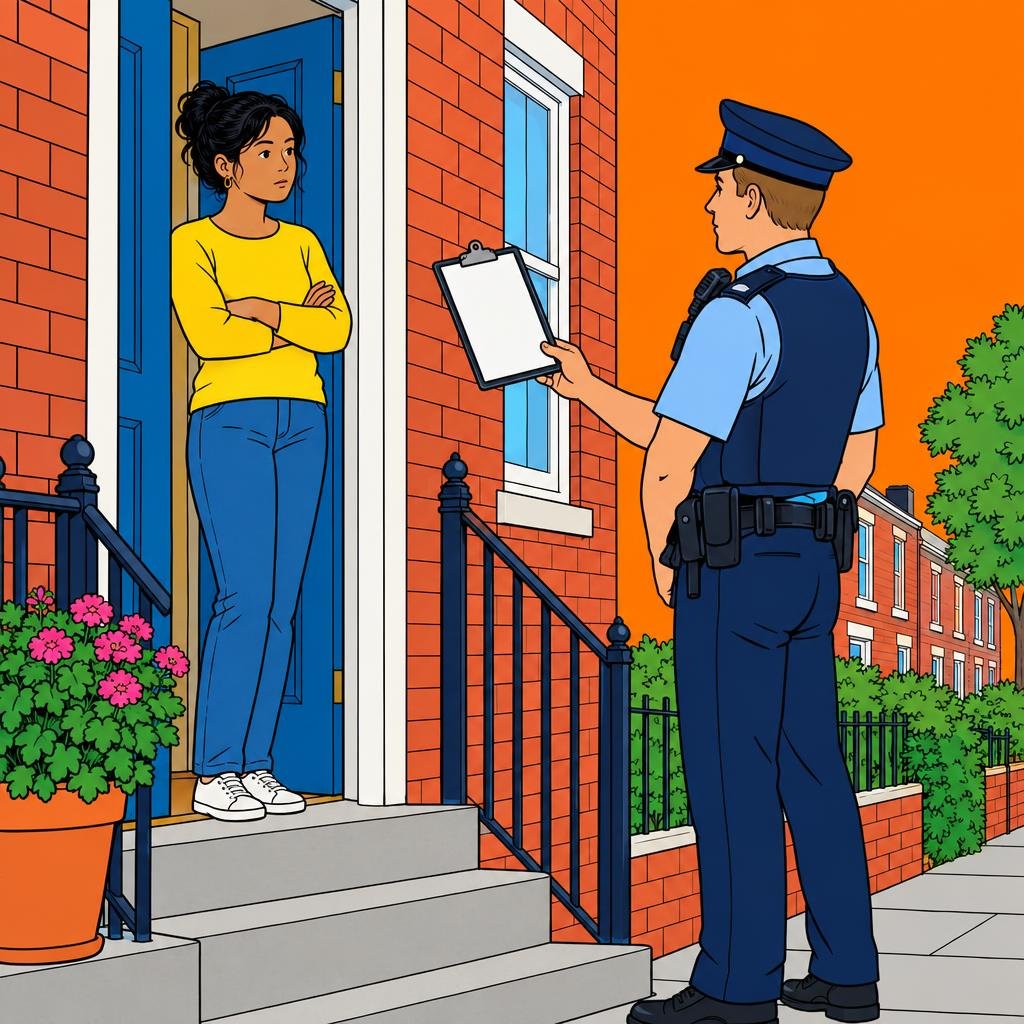 Ilustración: Un agente en la entrada de una casa muestra una tabla sin ningún papel; la residente lo mira desde la puerta con los brazos cruzados.