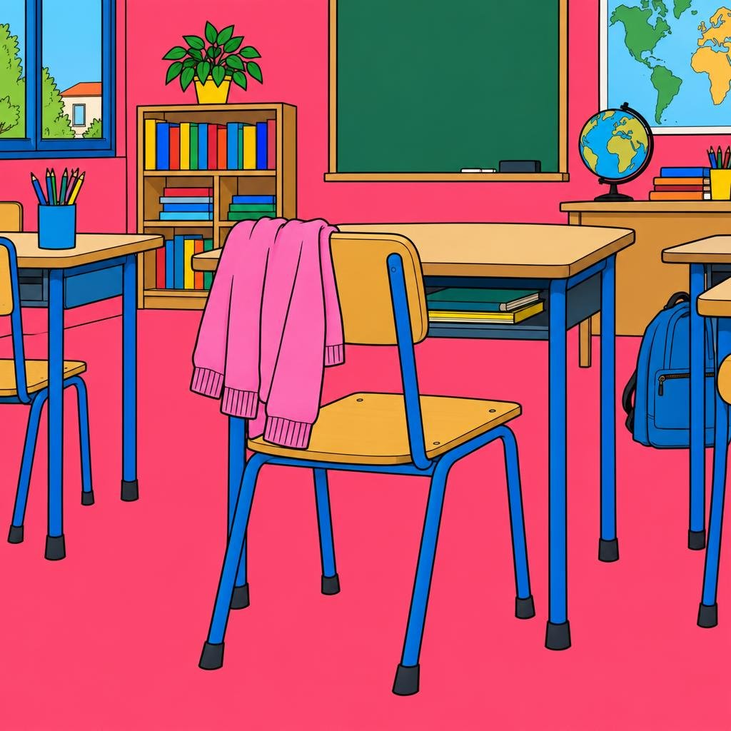 Ilustración: Una silla vacía de niño en un salón de clases, con un suéter rosado pequeño colgado en el respaldo.