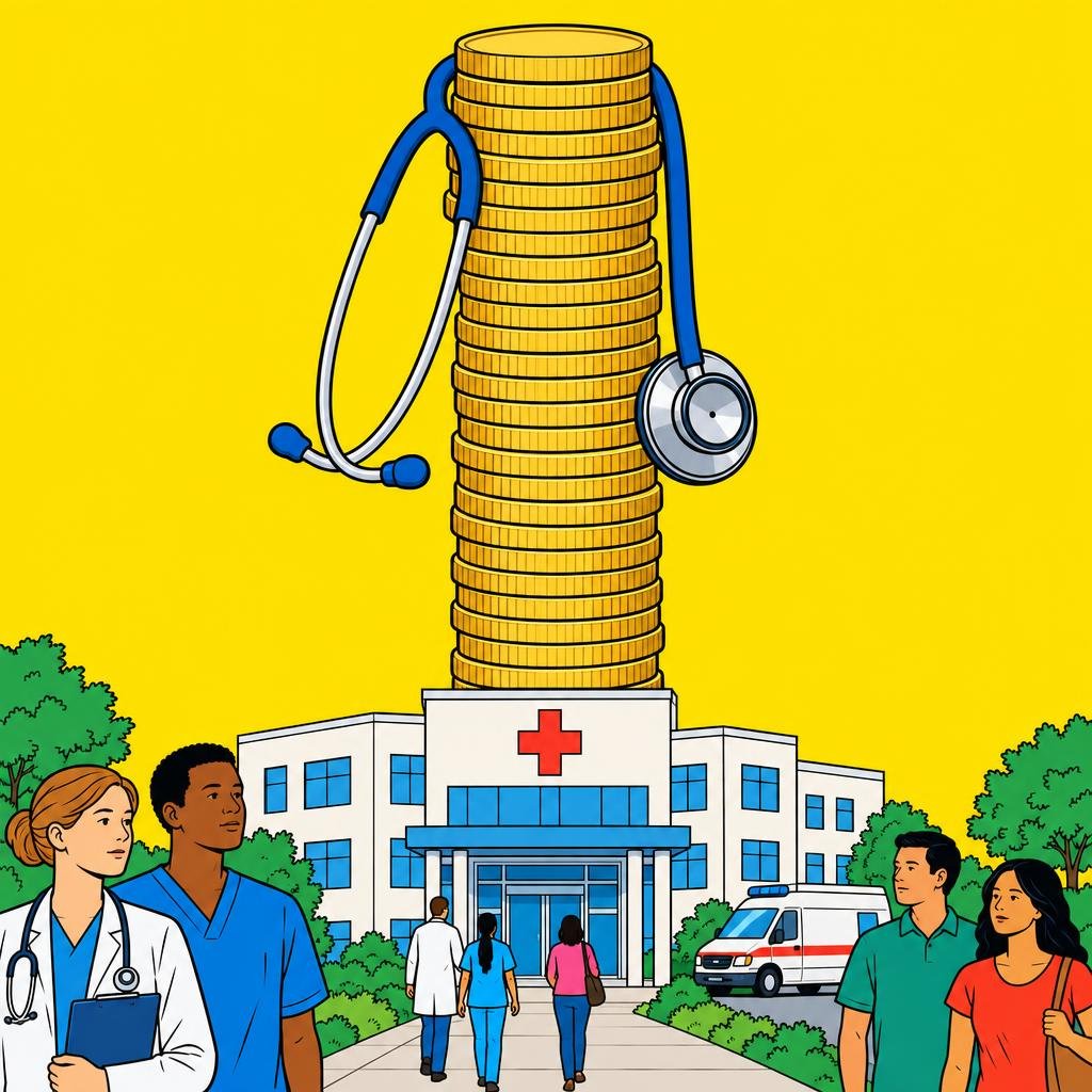Ilustración: Un estetoscopio colgado sobre una pila alta de monedas que se eleva muy por encima de un hospital pequeño.