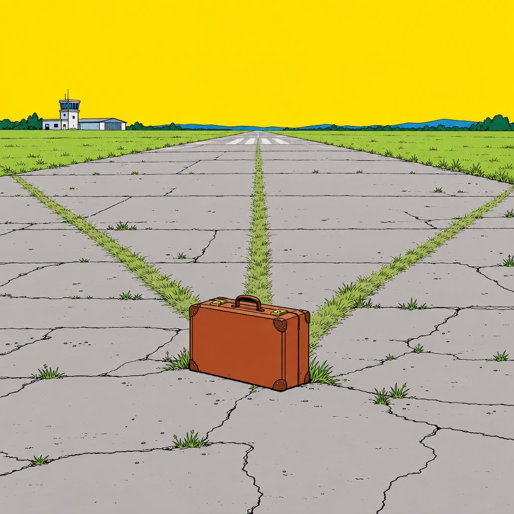 Ilustración: Una maleta sola sobre una pista de aterrizaje agrietada, con tres senderos de pasto aplastado que se alejan en distintas direcciones.