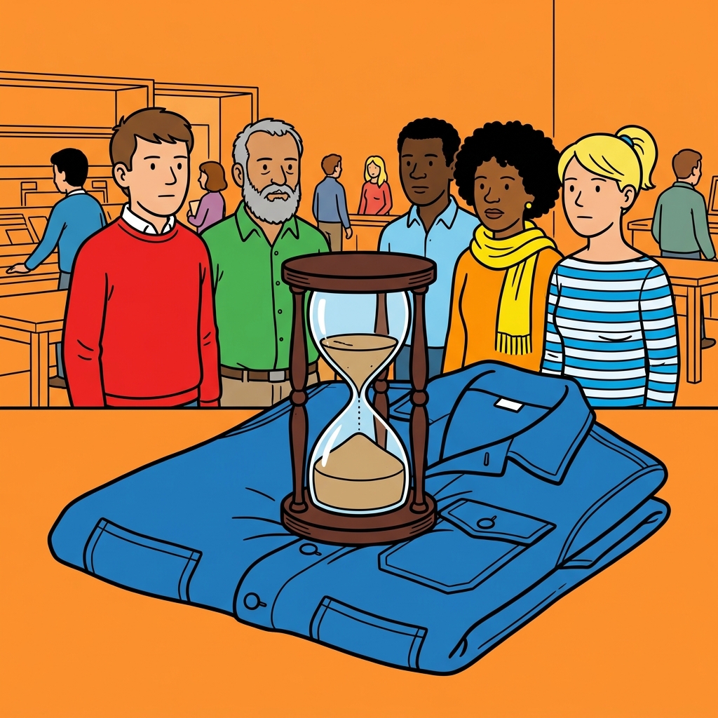 Ilustración: Un reloj de arena apoyado sobre una chaqueta de trabajo doblada, con casi toda la arena ya caída al fondo.