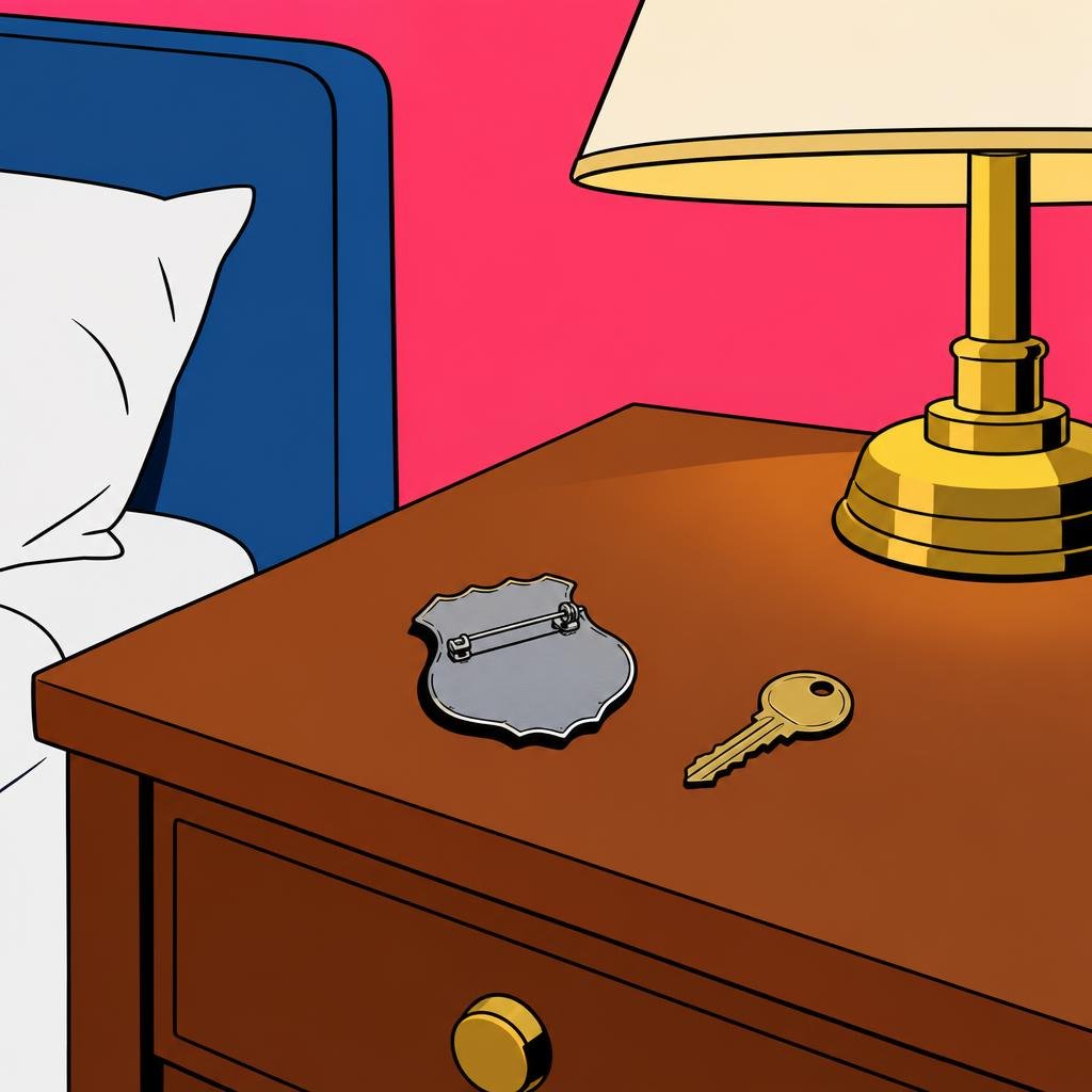 Ilustración: Una placa metálica boca abajo sobre la mesa de noche de un hotel, junto a una llave, bajo la luz tenue de una lámpara.