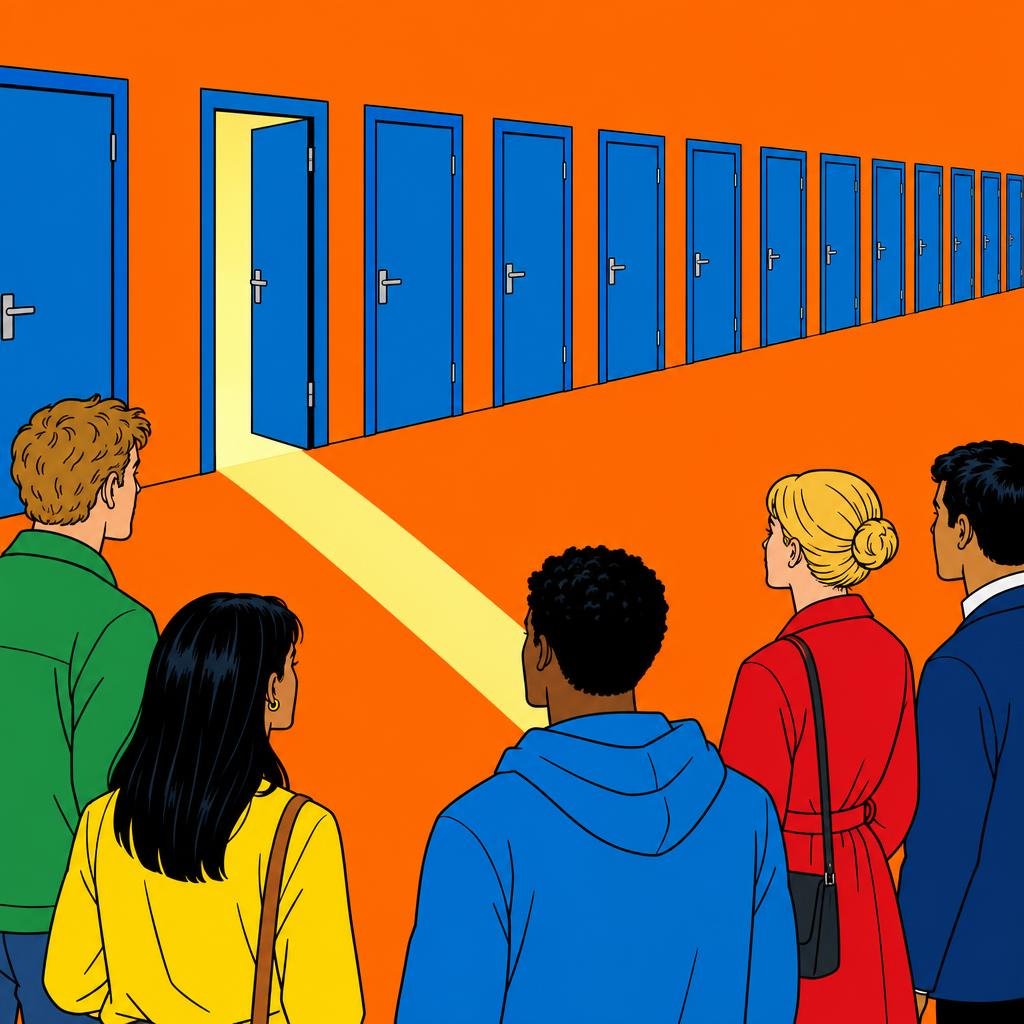 Ilustración: Una sola puerta abierta en un muro largo de puertas cerradas, con una franja angosta de luz que cae al suelo.