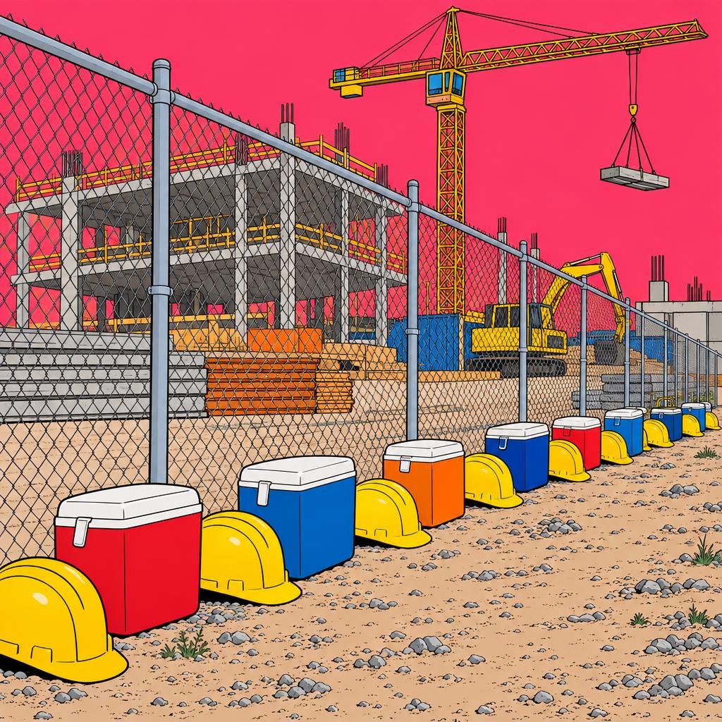 Ilustración: Una larga fila de cascos amarillos y hieleras abandonados junto a la cerca de una obra, con una grúa al fondo.