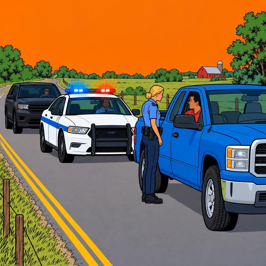 Ilustración: Una patrulla de policía local con las luces encendidas detrás de una camioneta en un camino rural, y una camioneta oscura sin distintivos esperando atrás.