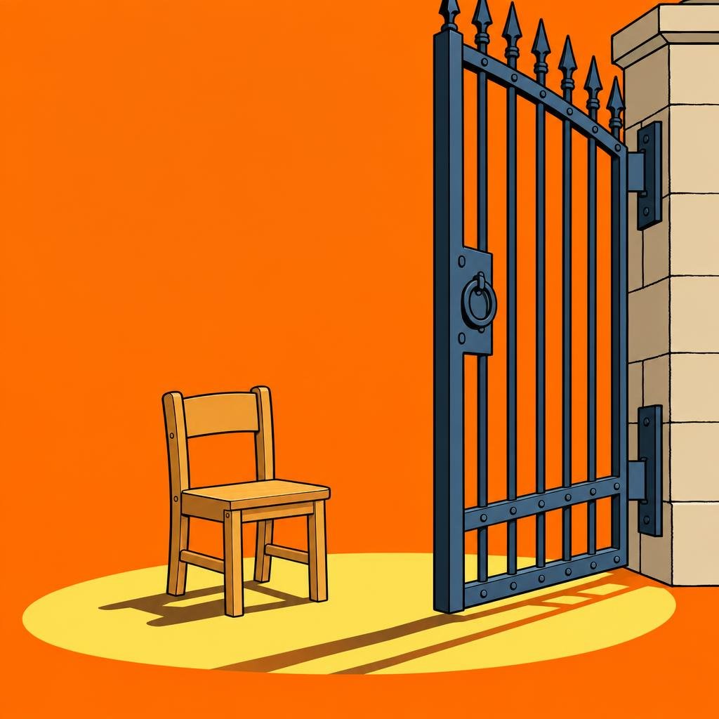 Ilustración: Una sillita de madera bajo un haz de luz cálida, junto a una reja de hierro abierta de par en par.