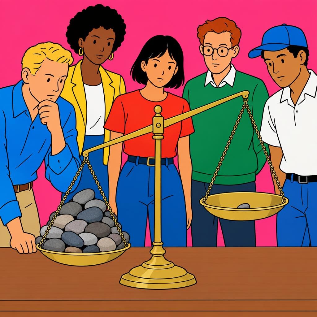 Ilustración: Una balanza sobre una mesa; un platillo está lleno de piedras y se inclina hacia abajo, y el otro queda arriba casi vacío.