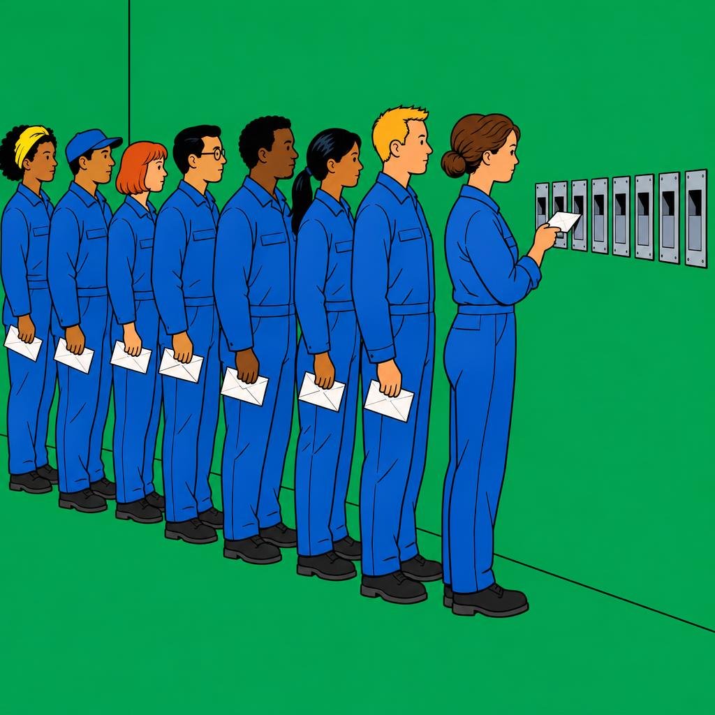 Ilustración: Una larga fila de trabajadores con uniforme de fábrica, cada uno con un sobre cerrado, los va metiendo en una hilera de buzones en la pared.