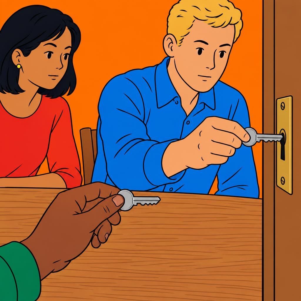Ilustración: Dos llaves casi idénticas sobre una mesa de madera; una entra en la cerradura y la otra queda a un lado, sin poder entrar.