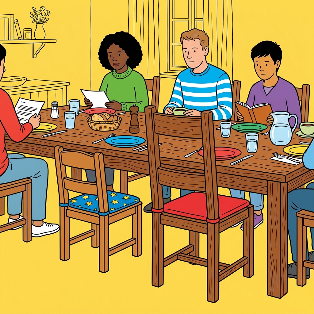 Ilustración: Una silla pequeña vacía junto a una mesa larga de madera, con una silla mucho más grande acercada a su lado.