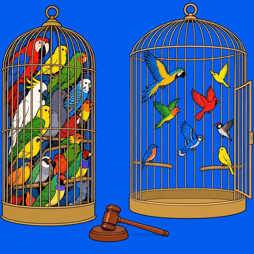 Ilustración: Una jaula abarrotada junto a otra amplia y abierta, con un mazo de madera en el suelo entre las dos.