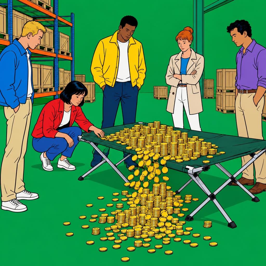 Ilustración: Montones de monedas doradas cayendo del borde de un catre plegable en una bodega vacía.