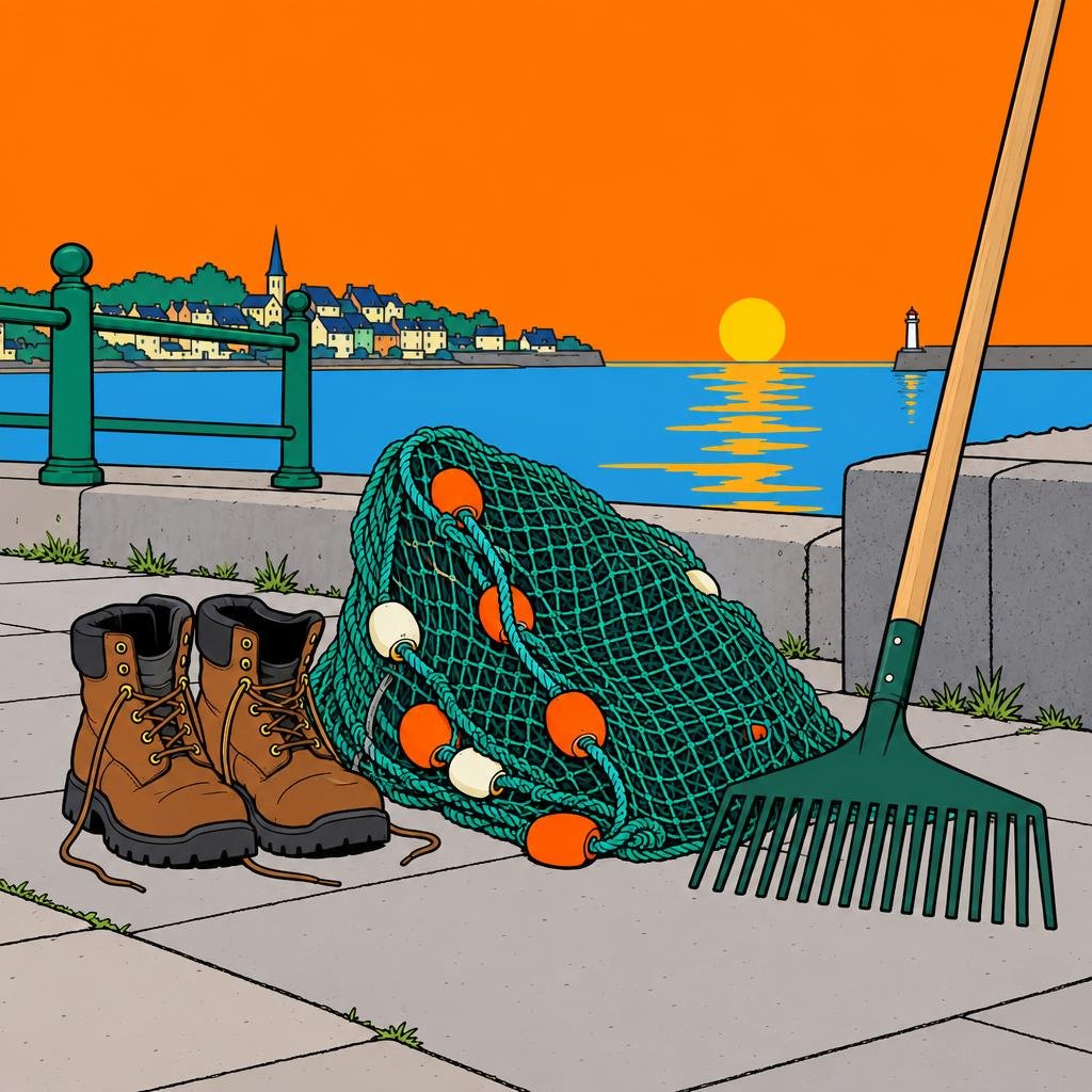 Ilustración: Botas de trabajo vacías, una red de pesca y un rastrillo alineados en una acera al amanecer.