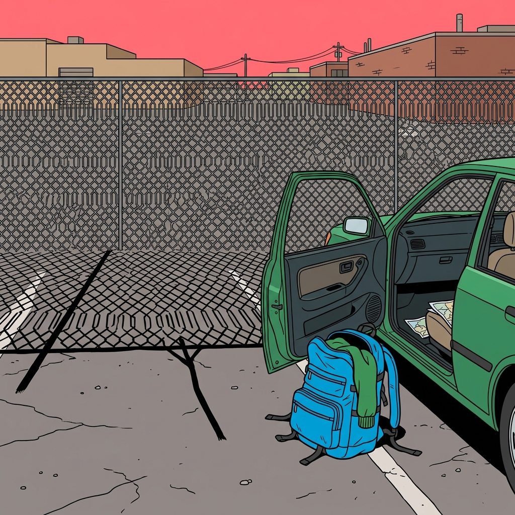 Ilustración: Una mochila abandonada junto a la puerta abierta de un carro en un estacionamiento vacío, con la sombra alargada de una reja de alambre sobre el asfalto.