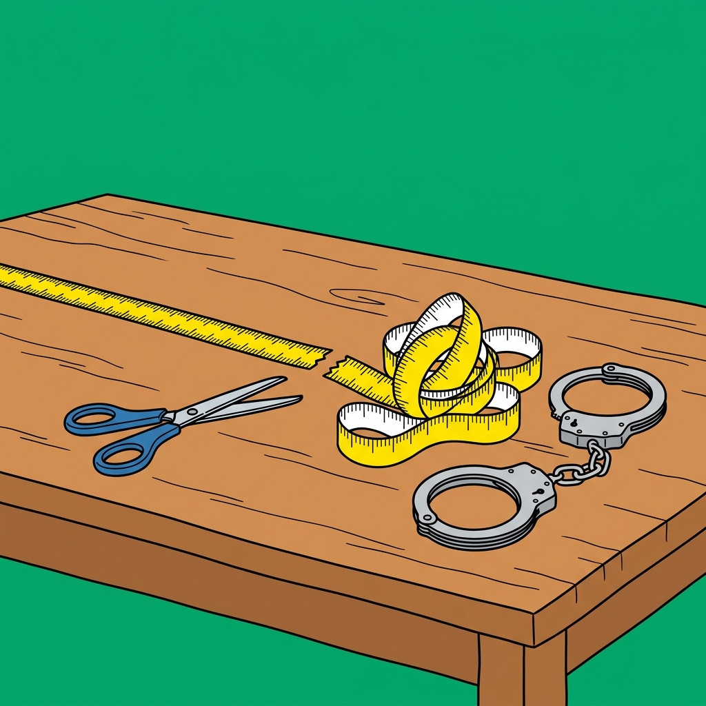 Ilustración: Una cinta de medir estirada sobre una mesa vacía, cortada, con el trozo sobrante enrollado junto a unas esposas.