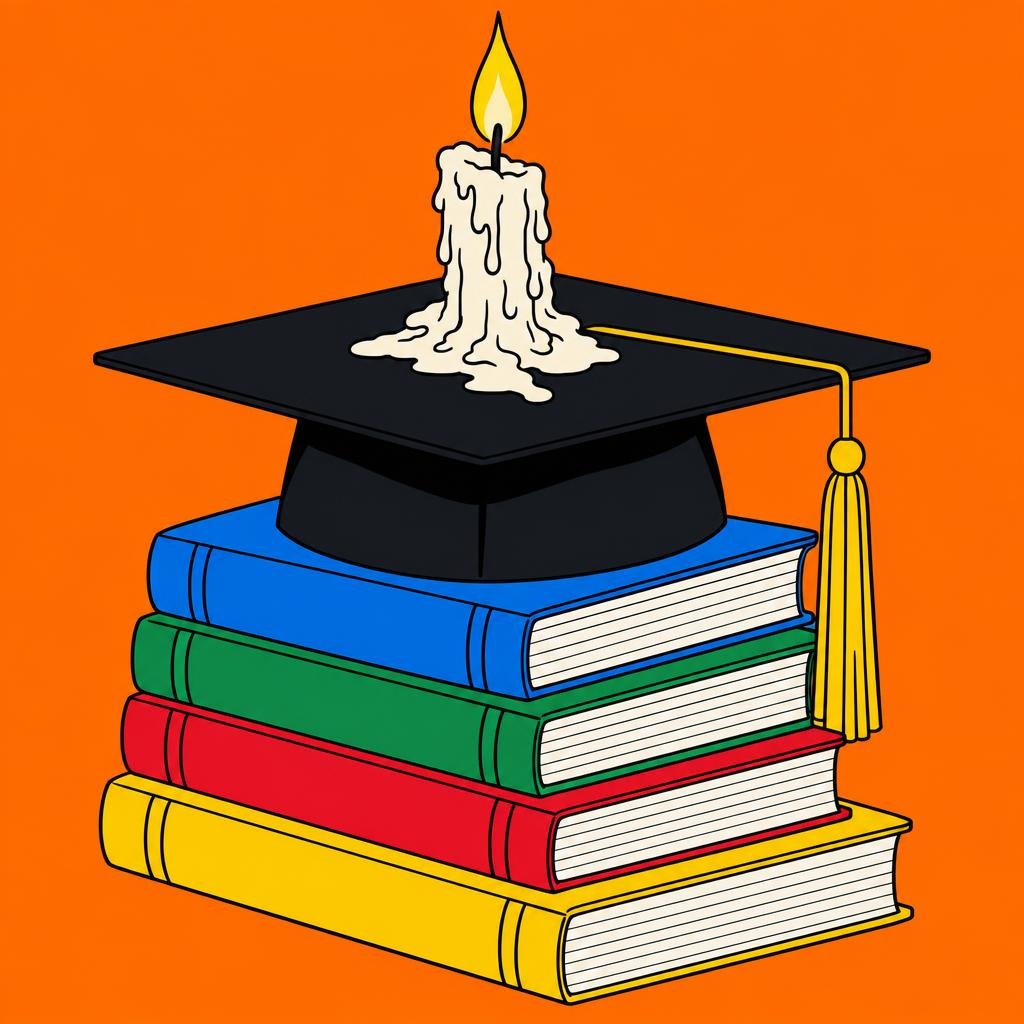 Ilustración: Un birrete sobre una pila de libros, con una vela encendida encima, casi consumida.
