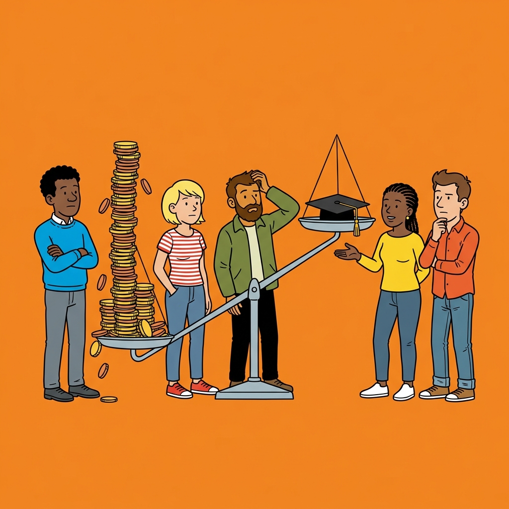 Ilustración: Una balanza muy inclinada, con una torre de monedas en un platillo y un pequeño birrete en el otro.