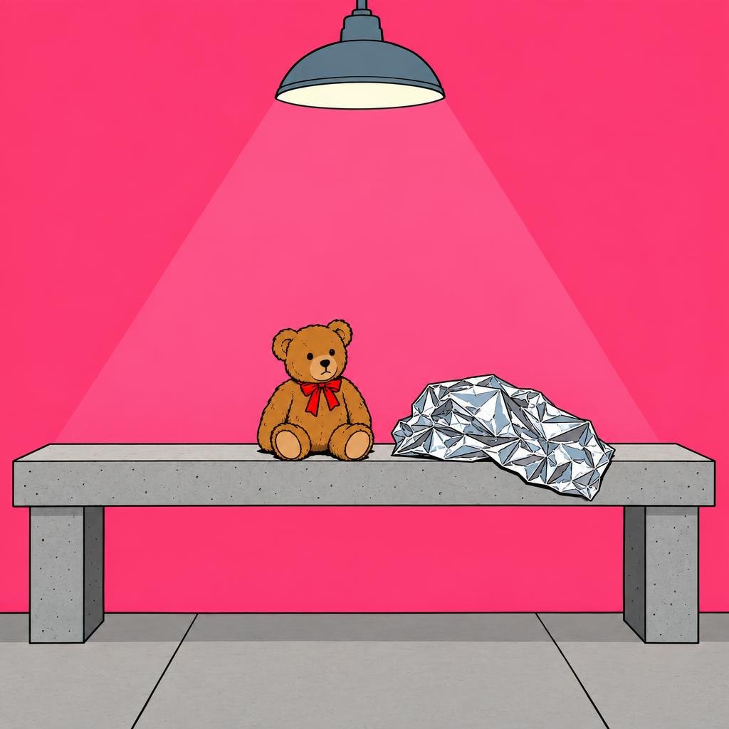 Ilustración: Un osito de peluche solo en una banca de concreto bajo una luz dura, junto a una manta térmica plateada arrugada.