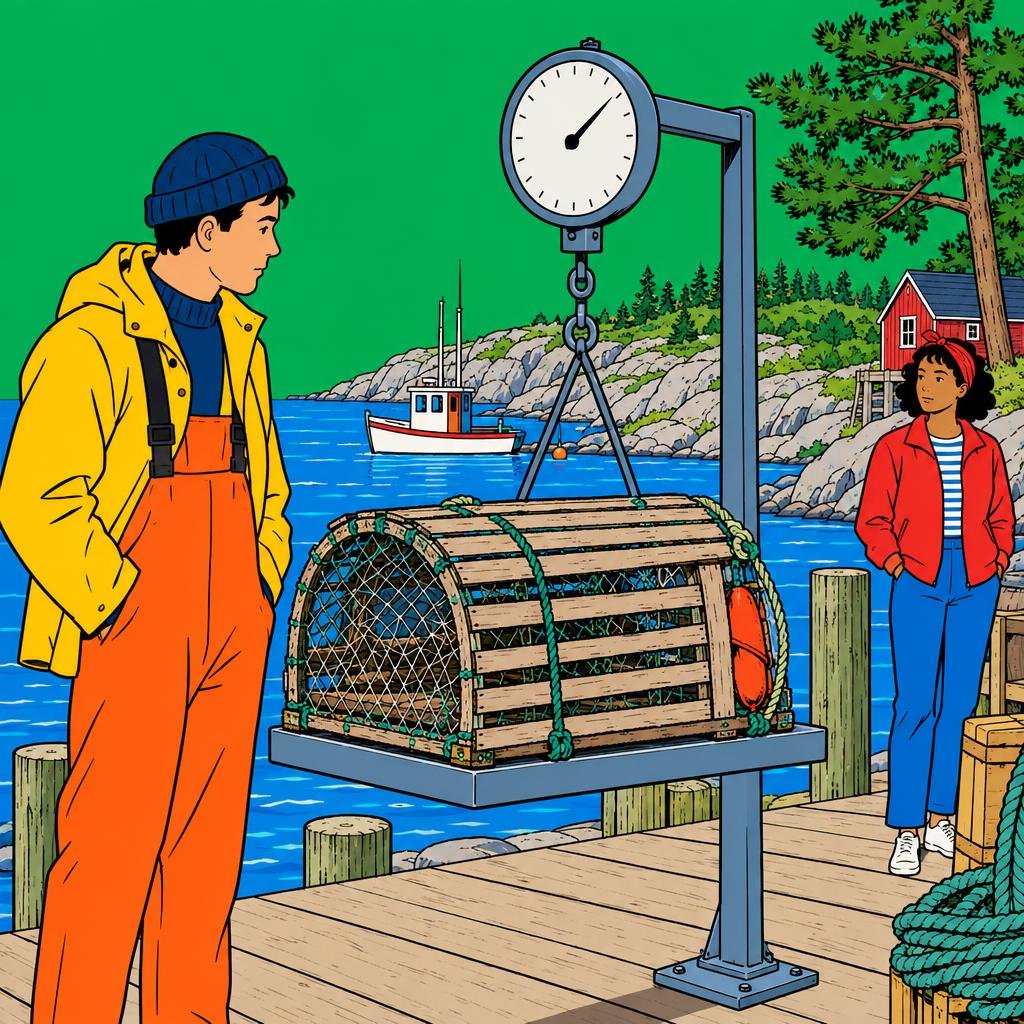 Ilustración: Una trampa para langostas sobre una balanza de muelle, con un pino y una costa rocosa al fondo.