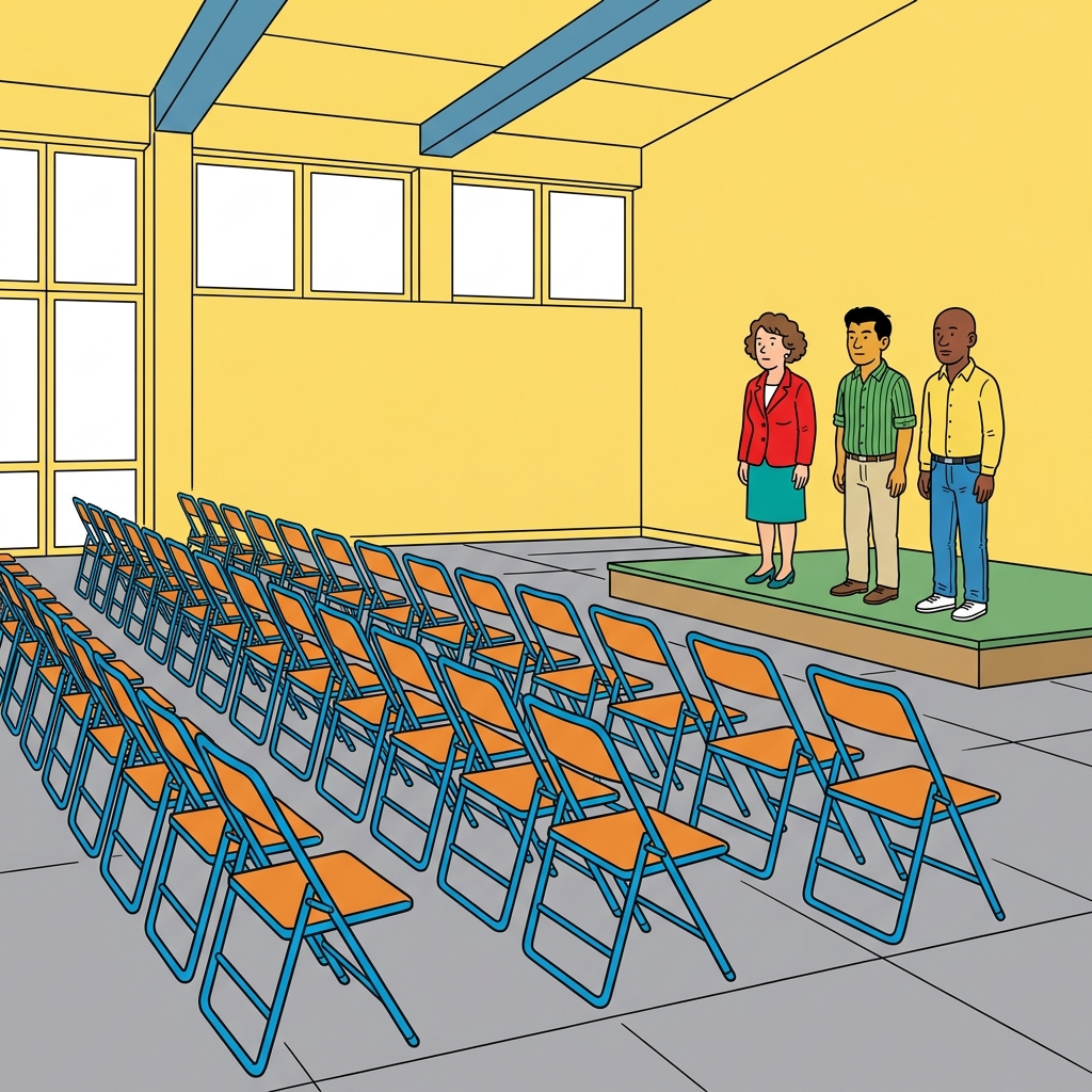 Ilustración: Una fila larga de sillas plegables vacías frente a una pequeña plataforma en un salón amplio y desierto.