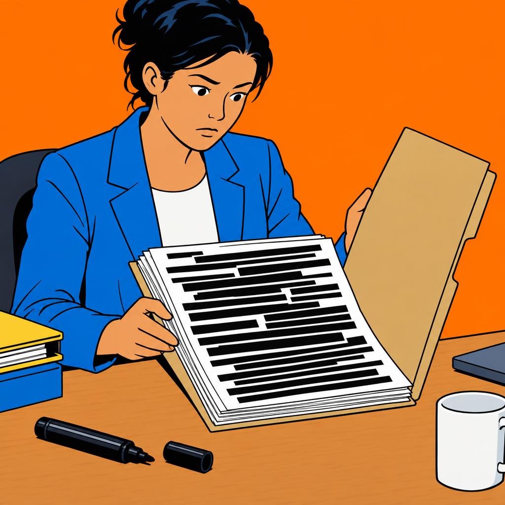 Ilustración: Una persona abre un expediente grueso y encuentra todas las páginas cubiertas de barras negras; sobre el escritorio, un marcador negro destapado.