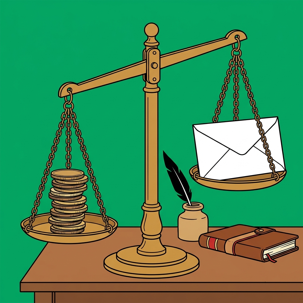 Ilustración: Una balanza de latón con un montón de monedas en un platillo y un sobre cerrado en el otro, inclinada hacia las monedas.