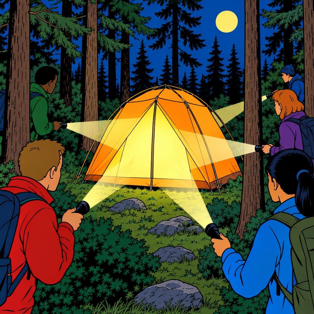 Ilustración: Una tienda de campaña iluminada por dentro, de noche entre pinos altos, con varios haces de linternas apuntándole desde el bosque.