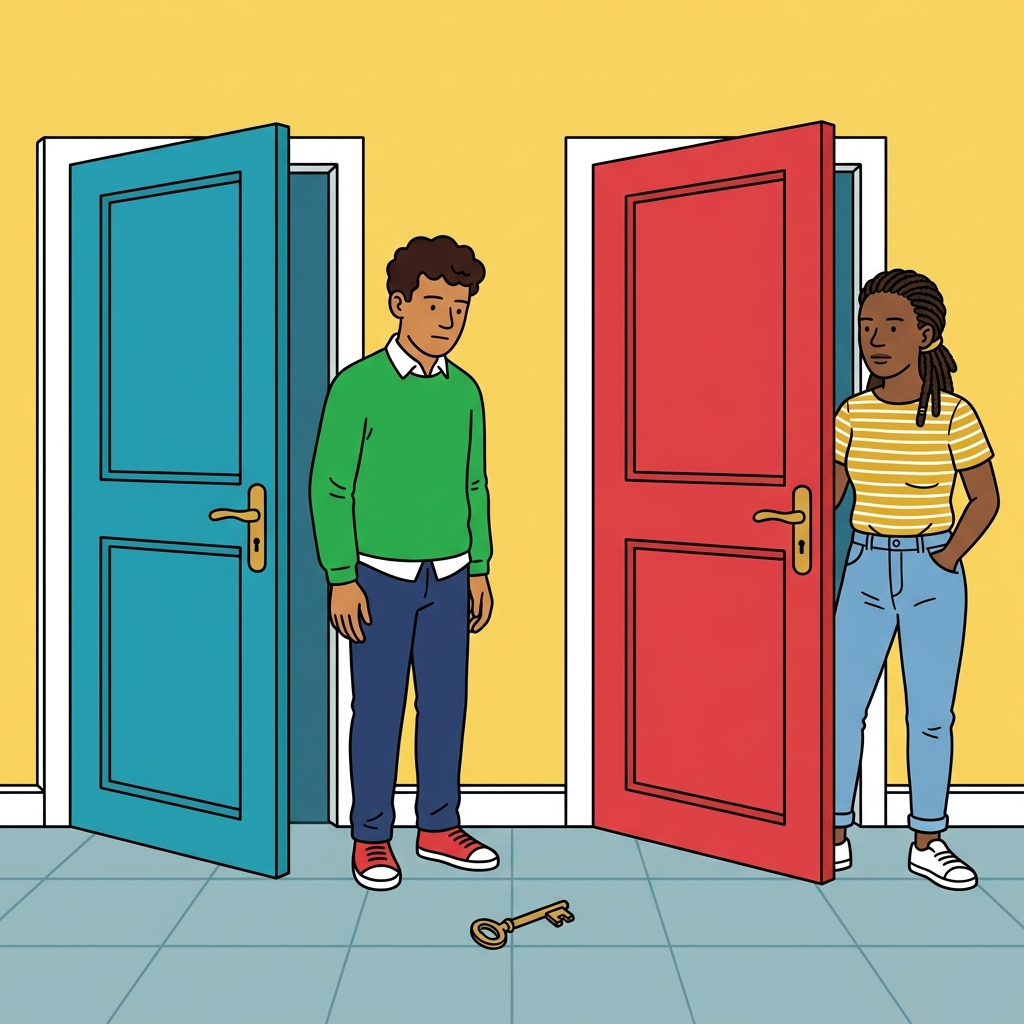 Ilustración: Dos puertas contiguas, una que abre hacia dentro y otra hacia fuera, con una llave en el suelo entre las dos.